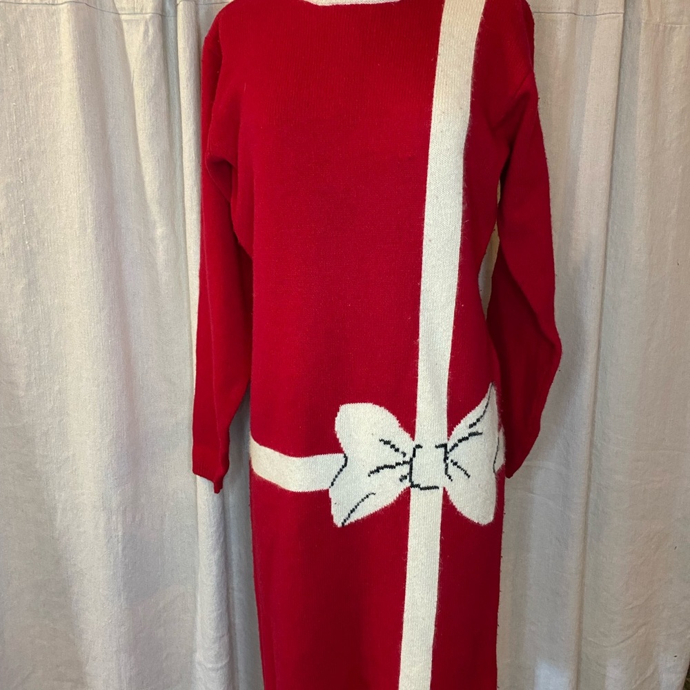 Red Crew Neck Sweater with White Bow Detail Dress